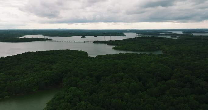 Hobson Pike Across Percy Priest Lake Near Long Hunter State Park In Nashville, Tennessee. wide aerial