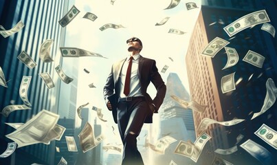 Businessman running with a lot money on the street. achievement or success concepts. Generative AI - obrazy, fototapety, plakaty