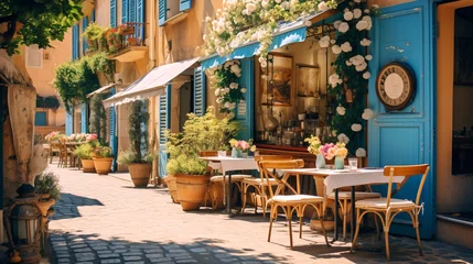Foto op Canvas  Provencal cafe on a cobbled street. Wooden tables with blue tablecloths, fresh flowers in clay pots. Provencal romance. Banner. Generative Ai © Nataliia