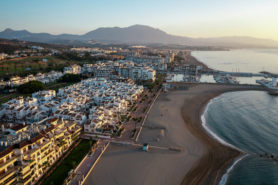 Beautiful view of Puerto de la Duquesa , sunrise, marina view captured from drone, aerial photography