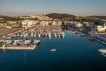 Beautiful view of Puerto de la Duquesa , sunrise, marina view captured from drone, aerial photography