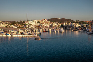 Beautiful view of Puerto de la Duquesa , sunrise, marina view captured from drone, aerial photography
