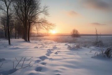 Photo of a stunning sunset over a snow-covered field