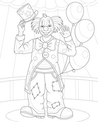 Fototapeta na wymiar Clown in the circus. Coloring book for adults and children. Vector image.