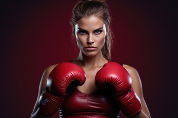 Fragile weak looking woman wearing boxing gloves