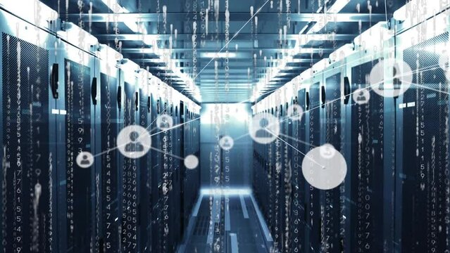 Animation of network of profile icons, mosaic squares and binary coding against computer server room