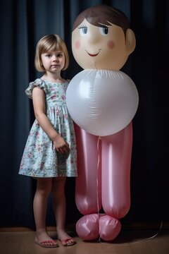 shot of a young girl standing with an inflatable doll