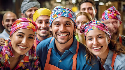 Group of Team Worker mix race enjoy working in small business standing together smiling, uniform wearing. For advertisement of cafe, cleaning service, shoe shop, warehouse, workshop etc. - obrazy, fototapety, plakaty
