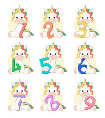 Obraz na płótnie Canvas Set of cute happy birthday unicorns with rainbow numbers like ages