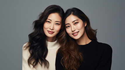 Two Asian women of different ages together on studios background. They are sisters but also best friends