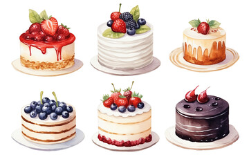 collection of cake illustrations on clear background for print, books, website, decoration