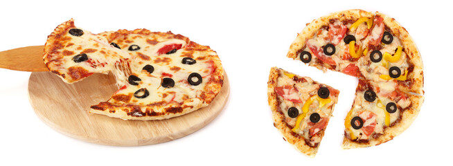 pizza with black olives on a wooden board isolated on white background