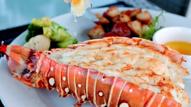 Squeezing Lime onto Lobster Tail with Potatoes and Butter, Gourmet Seafood Plate