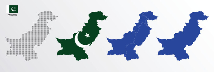 Set of political maps of Pakistan with regions isolated and flag on white background. Pakistan map blue color vector illustration.