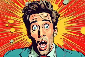 Fotobehang Pin up, pop art retro surprised, astonished, shocked, funky open-mouthed young man with wow face, comic kitsch cartoon vintage style portrait. © Scovad