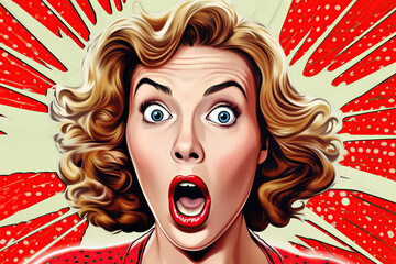 Pin up, pop art retro surprised, astonished, shocked, funky open-mouthed young blonde woman with wow face, comic kitsch cartoon vintage style portrait. - obrazy, fototapety, plakaty