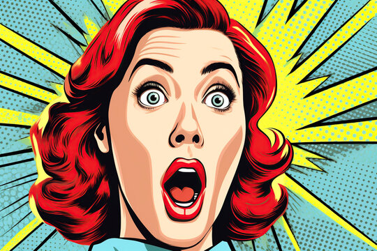 Pin up, pop art retro surprised, astonished, shocked, funky open-mouthed young redhead woman with wow face, comic kitsch cartoon vintage style portrait.