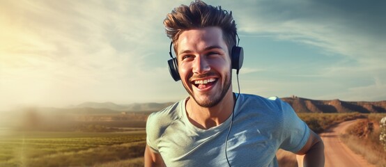 Fit happy man with headphones jogging in green park, listening to music. Full length photo.