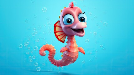 Cute 3D cartoon seahorse character.