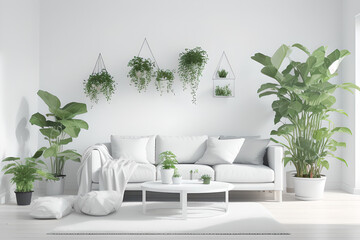 White empty space with plants. Living room interiors. Scandinavian interior design. 3d illustration