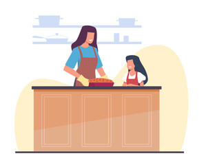 Mom baked homemade pie with her daughter. Mother with child cooking at home kitchen. Happy people cook pastry together. Sweet food. Family relationship. Cartoon flat style vector concept