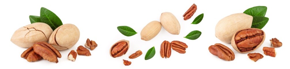pecan nut decorated with green leaves isolated on white background. Top view. Flat lay