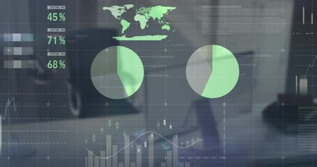 Animation of statistical data processing against office desk - Powered by Adobe