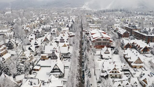Piłsudskiego Street covered in Winter snow from above - Drone Aerial Zakopane