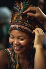 Fototapeta na wymiar shot of a woman putting on a headdress in celebration