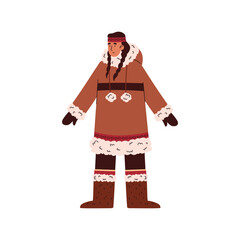 North woman in traditional Eskimos clothing, vector brunette with pigtails in warm ethnic clothes made of wool and furs