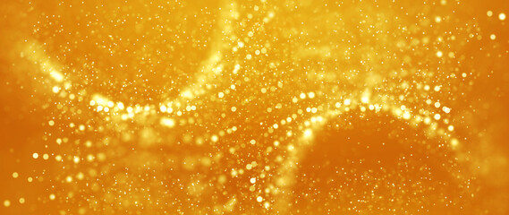 Golden particles shining stars dust bokeh glitter awards dust abstract background. Futuristic glittering in space on gold color background