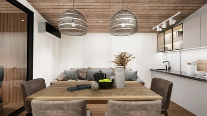 The patio seating area and b.b.q grill in the backyard of the house. 3D video.