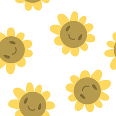 Cute Cartoon Sunflower - Vector Seamless Pattern. Children Background with Smile Faces.