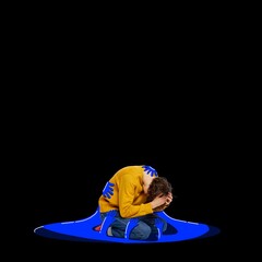 Young man sitting in tears, suffering from mental breakdown and depression. Contemporary art collage. Concept of mental health, psychology, inner world, imagination, surrealism, ad
