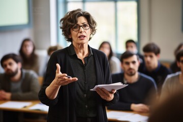 Smiling elderly woman lecturer guiding diverse students in classroom. Concept of higher education and intergenerational learning.