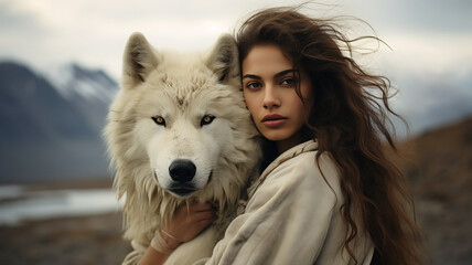 Close-up of beautiful Middle-Eastern woman with white wolf tamed by her, evoking beauty and the beast in a wild natural landscape - obrazy, fototapety, plakaty