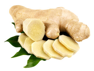 Ginger Root Slices with Leaves on Transparent PNG Background