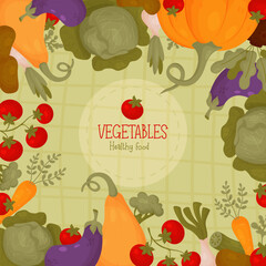 Vegetables. Square banner with healthy food pumpkin, tomatoes, cabbage, carrots, eggplant and onions on on green checkered background. Vector illustration. Poster template in cartoon style.