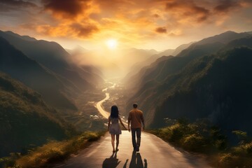 Obraz premium Father and daughter on a walk in the mountains at sunset. generative AI illustration.
