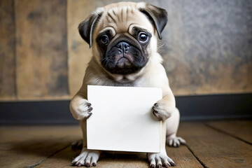 Message from the Dog. The pug puppy is holding a sign for you to write your message on. Generative AI