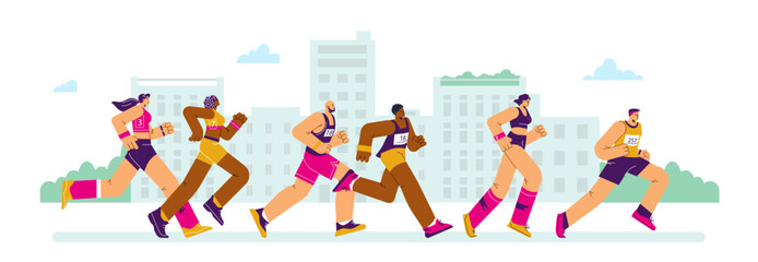 Fototapeta na wymiar Marathon sport race background with running people flat vector illustration.