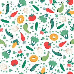 Seamless pattern with different fruits and vegetables. Decor textile, wrapping paper, wallpaper design. Print for kitchen fabric. Doodle style drawing elements. Vector concept