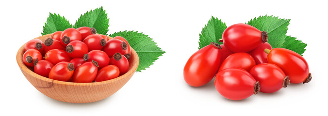 Rose hip in wooden bowl isolated on a white background with full depth of field