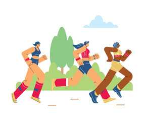 Running marathoners men and women group flat vector illustration isolated.