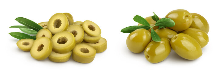 Green olives with leaves isolated on a white background with full depth of field.