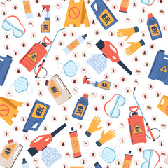 Seamless pattern with insect repellents. Spraying antiparasitic chemicals. Professional disinfect equipment. Various bugs icons. Cartoon flat isolated on white background elements vector concept