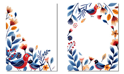 Obraz premium Set of frames with birds in ethnic style. Birds and leaves for your design, template. Greeting card, border.