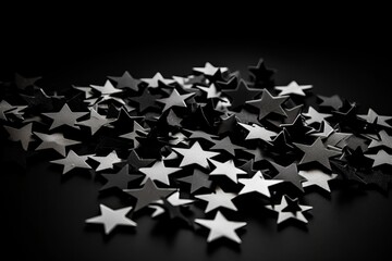 A pile of black and white stars on a black background