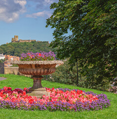 Flowers and a castle ruin.
