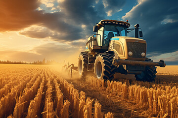 Fototapeta premium Harvesting tractor machine in field. technology agriculture, automatic machine technology. Farmer. Farming. Daylight. Ai generated.